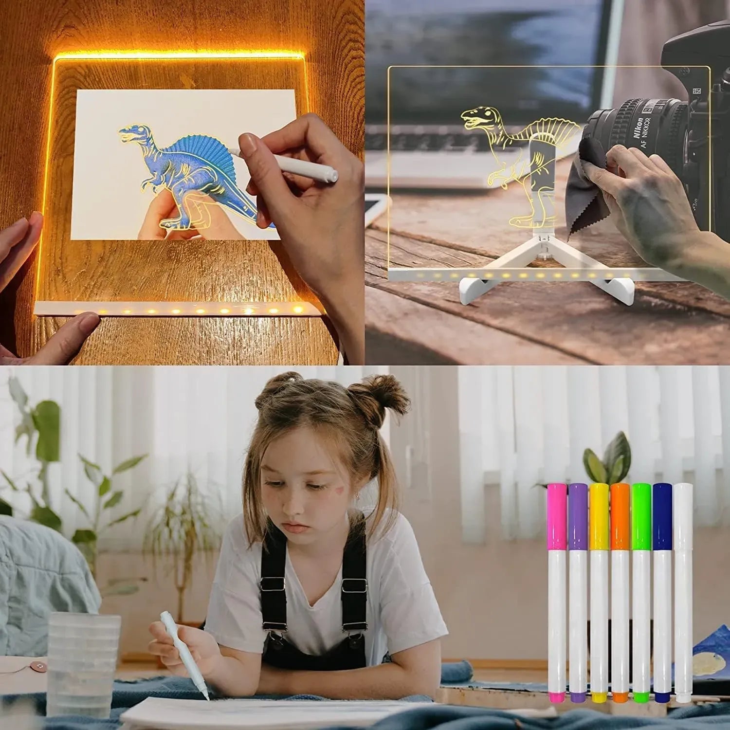 LED Light-Up Writing Board With 7 Marker – 15×15 cm Acrylic Message Pad with Stand | Colorful DIY Notes & Erasable Neon Pens