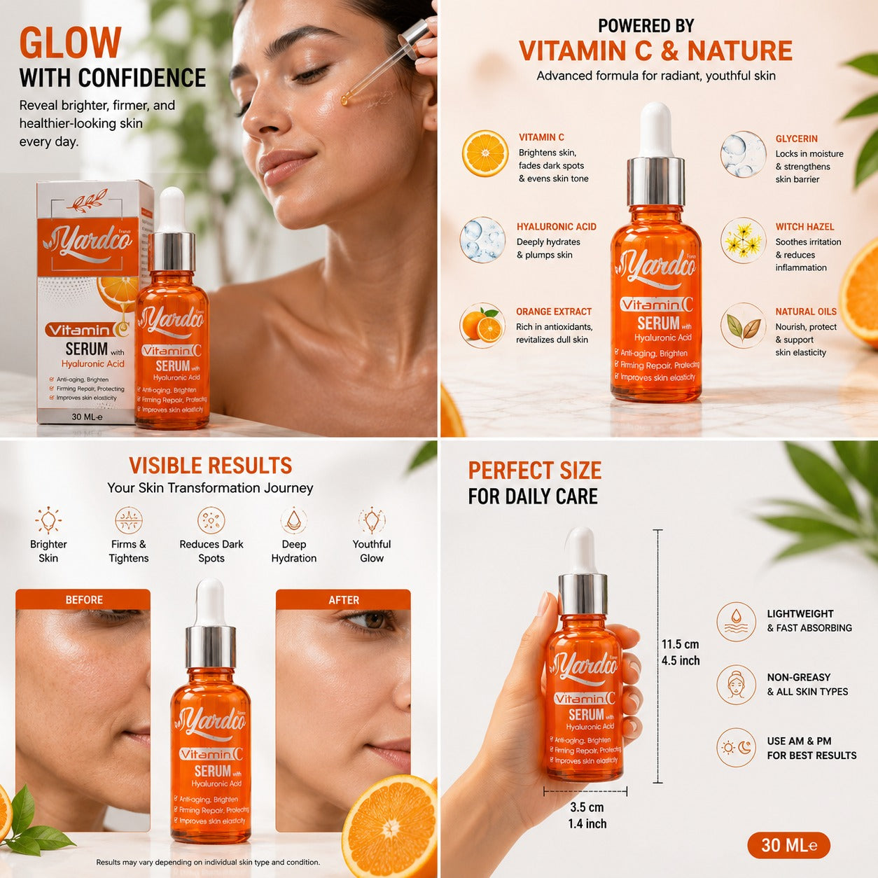 Yardco Vitamin C Face Serum With Hyaluronic Acid Anti Aging And Brightening Skin Radiance Formula 30ml
